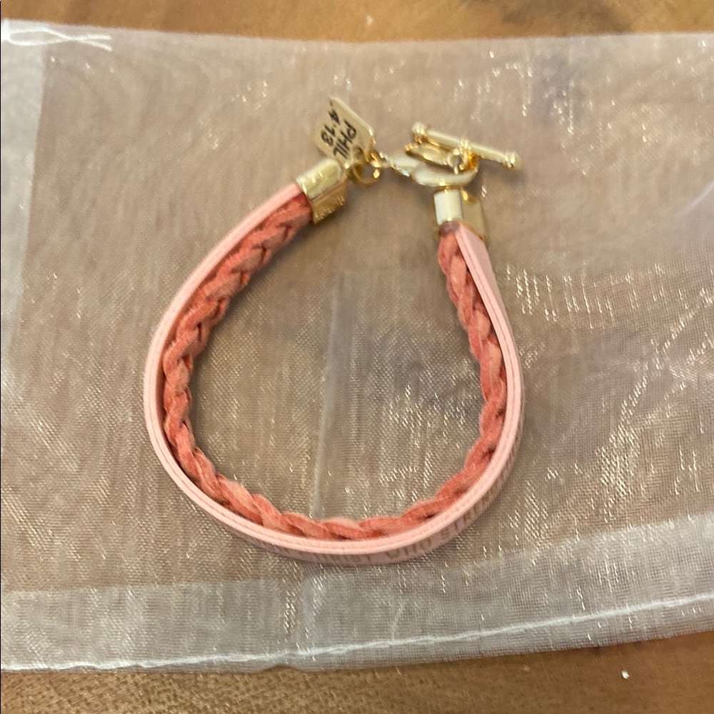 Elegant Pink and Gold Braided Leather Bracelet With Bible Verse